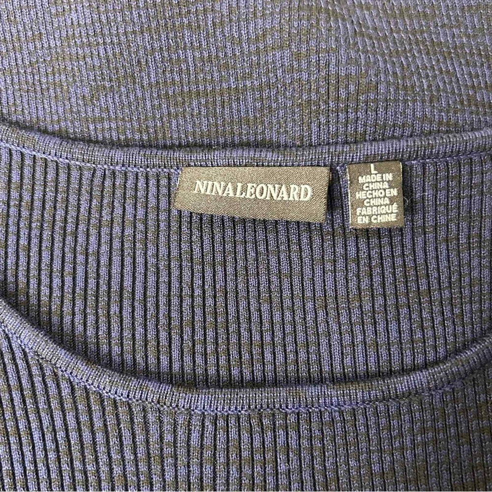Nina Leonard Navy Blue Knit Dress Long Bell Sleeves Sheath Large - Picture 5 of 6
